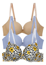 Cargar imagen en el visor de la galería, Pack 3 Brasier Doble Doble Push Up, Aumenta Hasta 2 Tallas Modelo 6703 Nude Gris Y Animal 36c