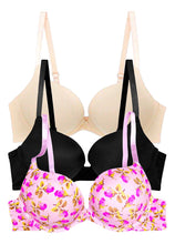 Cargar imagen en el visor de la galería, Pack 3 Brasier Doble Doble Push Up, Aumenta Hasta 2 Tallas Modelo 6703 Negro Nude Y Flores 32b