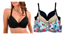 Cargar imagen en el visor de la galería, Pack 3 Brasier Doble Doble Push Up, Aumenta Hasta 2 Tallas Modelo 9902 Negro Nude Y Flores 32b