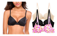 Pack 3 Brasier Doble Doble Push Up, Aumenta Hasta 2 Tallas Modelo 6703 Negro Nude Y Flores 32b