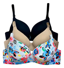 Cargar imagen en el visor de la galería, Pack 3 Brasier Doble Doble Push Up, Aumenta Hasta 2 Tallas Modelo 9902 Negro Nude Y Flores 36b
