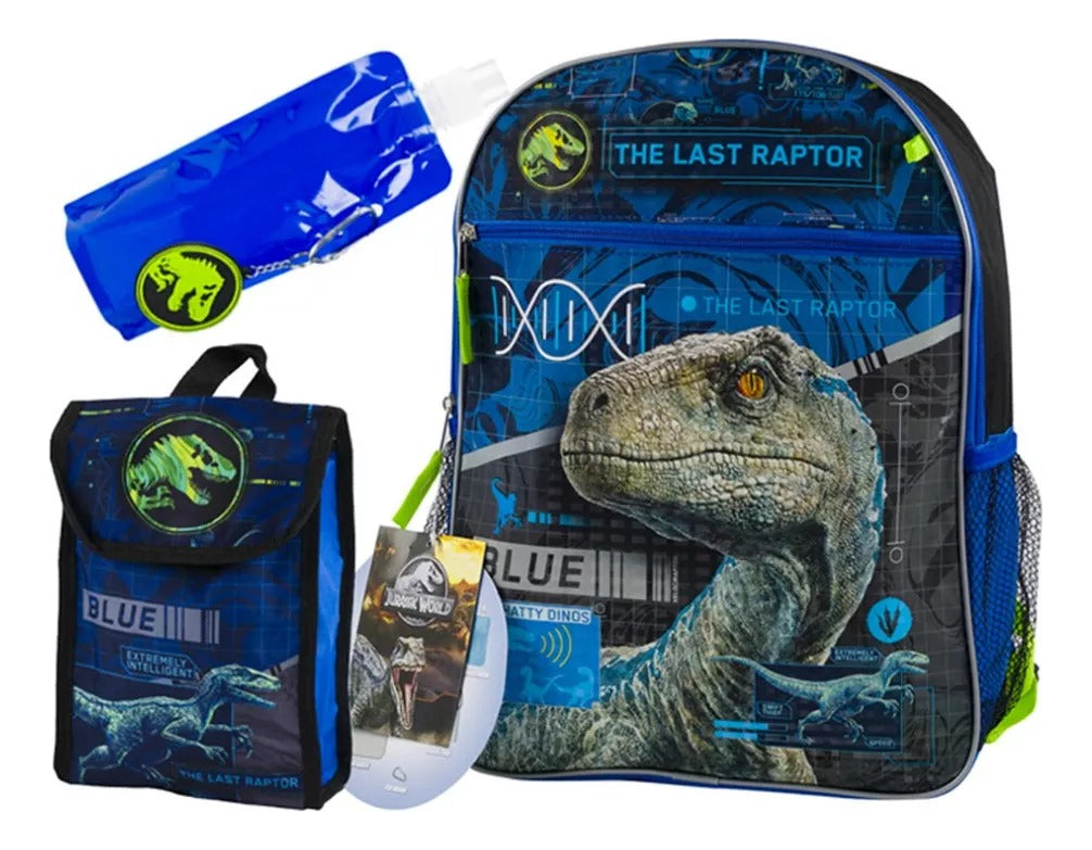 Set 3 Piezas Mochila Escolar Jurassic Park 16 Pulgadas Bolsillo Frontal Y Laterales Correas Ajustables Color Azul