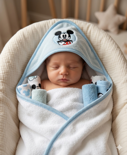 Set De Toalla De Baño Con Capucha Y 5 Toallitas Mickey Mouse