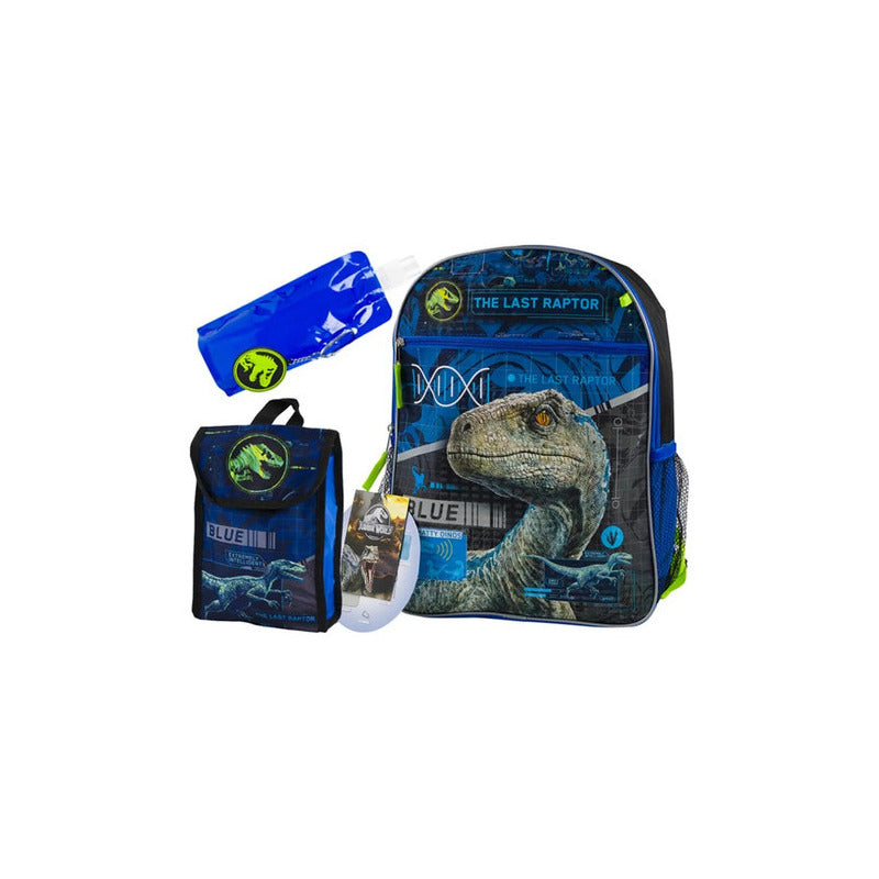 Set 3 Piezas Mochila Escolar Jurassic Park 16 Pulgadas  Bolsillo Frontal Y Laterales Correas Ajustables Color Azul
